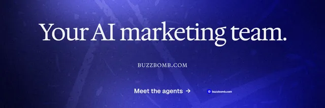 X header for BuzzBomb: "Your AI marketing team." Agentic glass style, smallcaps layout, dark palette in blue.