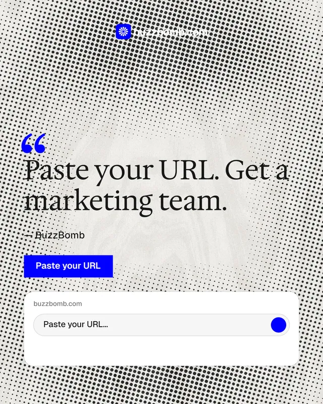 Instagram portrait post for BuzzBomb: "Your AI marketing team." Swiss style, quote layout, light palette in grey, white.