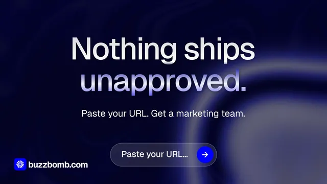 Landscape graphic for BuzzBomb: "Nothing ships unapproved." Agentic glass style, centred layout, dark palette in grey, black, blue.