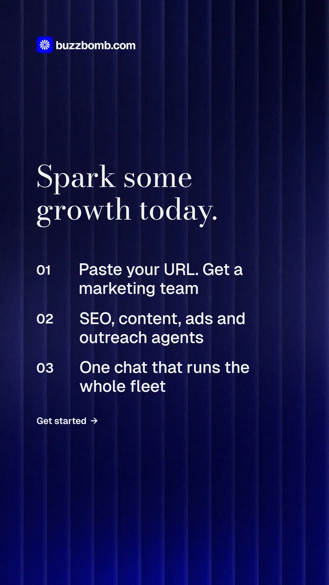 Instagram story for BuzzBomb: "Spark some growth today." Minimal luxury style, numbered layout, dark palette in black, blue.