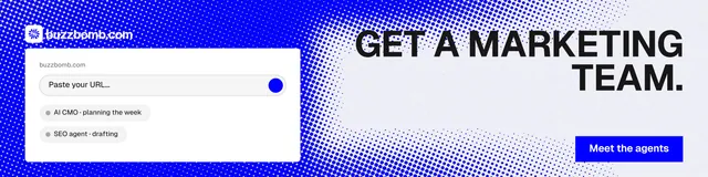 LinkedIn banner for BuzzBomb: "Get a marketing team." Split block style, right layout, light palette in white, blue.