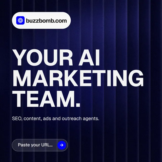 Instagram post for BuzzBomb: "Your AI marketing team." Agentic glass style, announce layout, dark palette in black, blue, grey.
