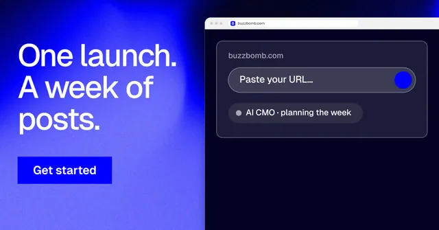 Social ad for BuzzBomb: "One launch. A week of posts." Swiss style, browser layout, dark palette in black, blue.
