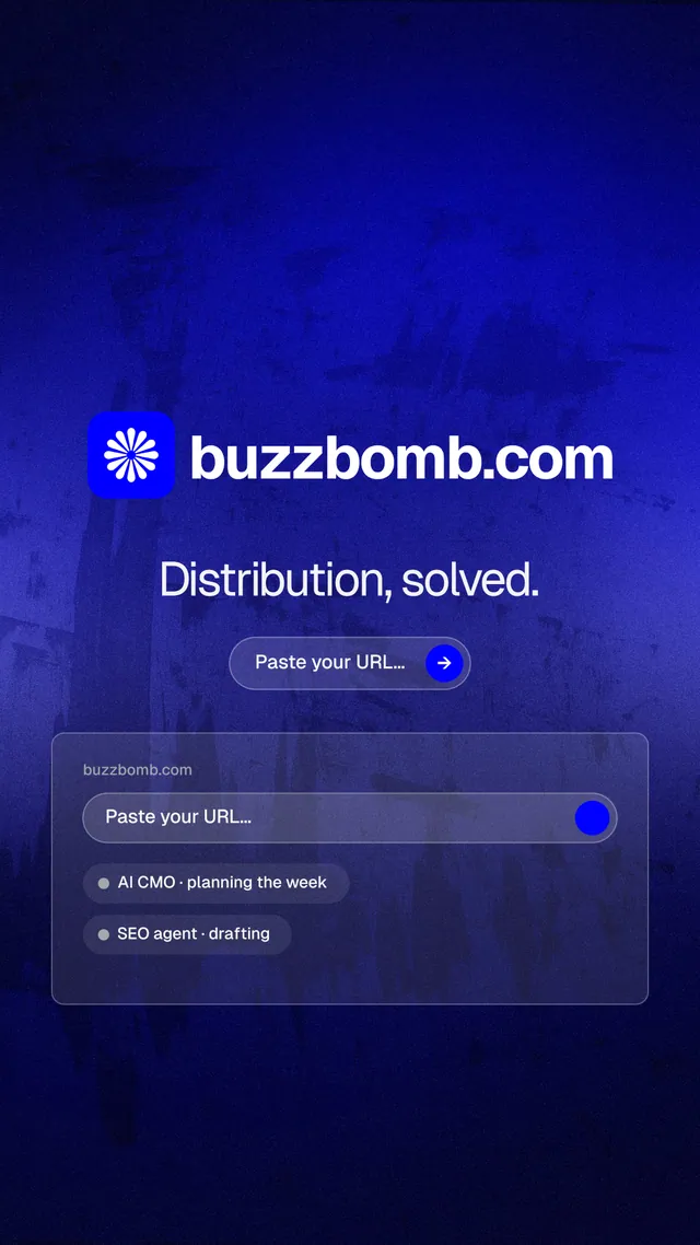 Instagram story for BuzzBomb: "Distribution, solved." Agentic glass style, logo hero layout, dark palette in blue.