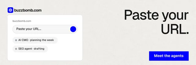 X header for BuzzBomb: "Paste your URL." Swiss style, right layout, light palette in white, blue.