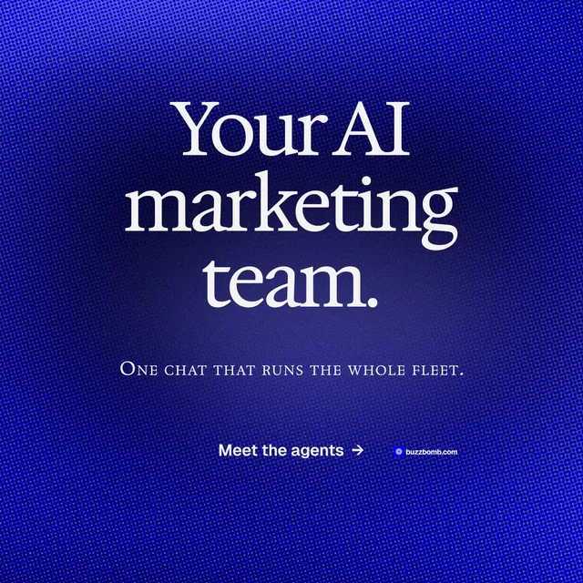 Instagram post for BuzzBomb: "Your AI marketing team." Agentic glass style, smallcaps layout, dark palette in blue.