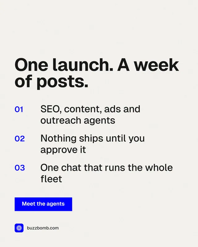 Instagram portrait post for BuzzBomb: "One launch. A week of posts." Swiss style, numbered layout, light palette in white, grey.