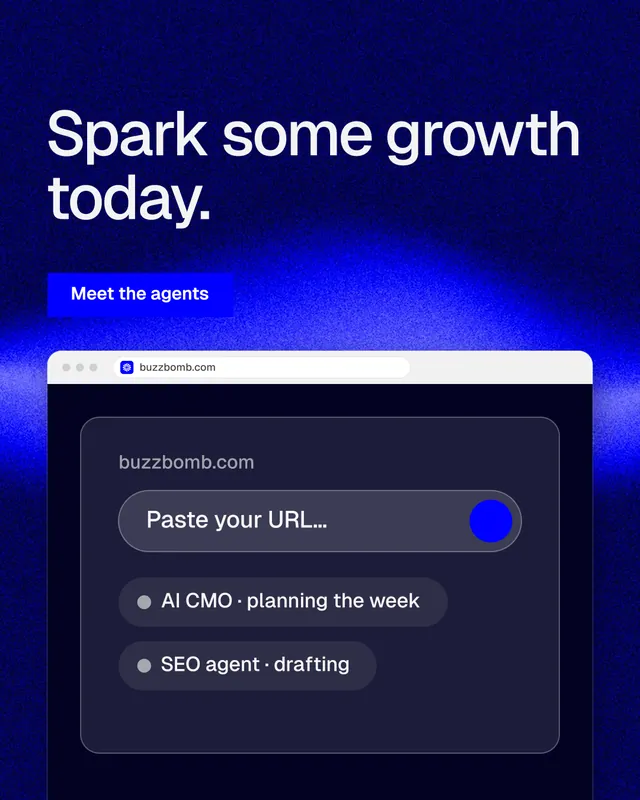Instagram portrait post for BuzzBomb: "Spark some growth today." Swiss style, browser layout, dark palette in blue, black.