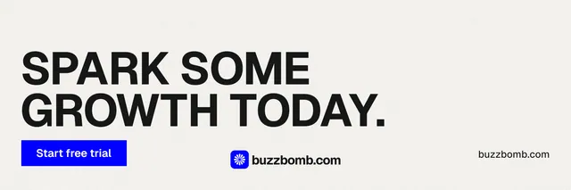X header for BuzzBomb: "Spark some growth today." Swiss style, poster layout, light palette in white, grey.
