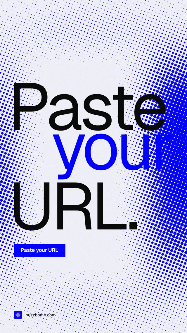 Instagram story for BuzzBomb: "Paste your URL." Swiss style, stacked layout, light palette in blue, white.