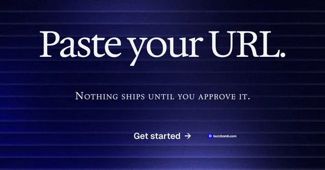 Social ad for BuzzBomb: "Paste your URL." Agentic glass style, smallcaps layout, dark palette in black, blue, grey.
