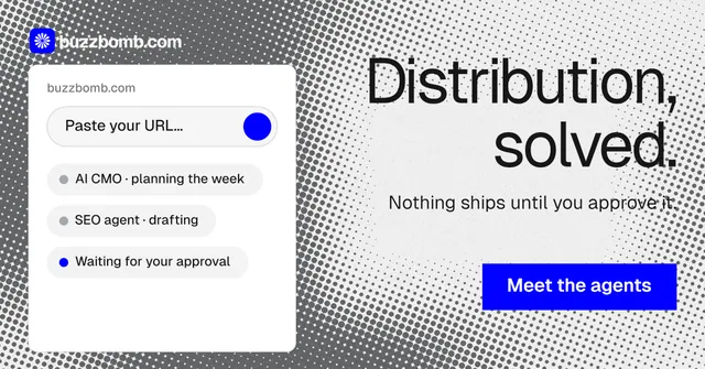 Social ad for BuzzBomb: "Distribution, solved." Split block style, right layout, light palette in white, grey.