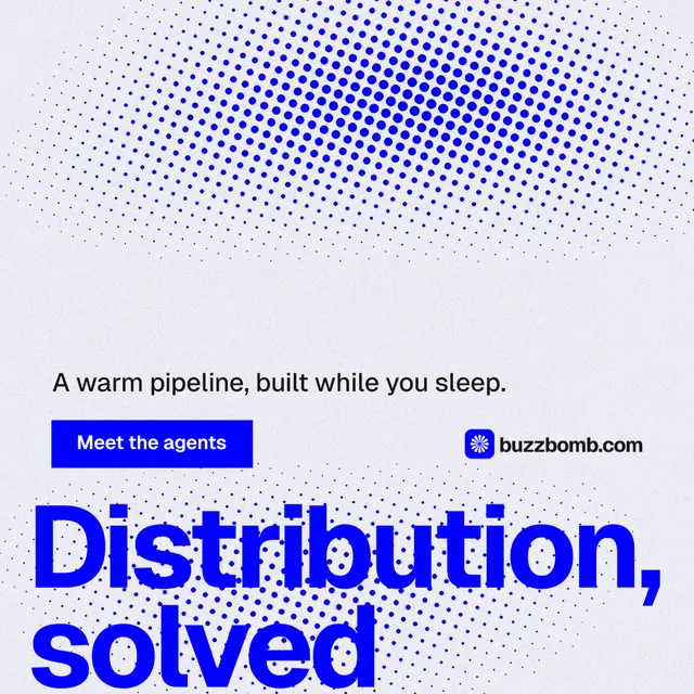 Instagram post for BuzzBomb: "Seven agents. One chat." Split block style, oversized layout, light palette in blue, white.