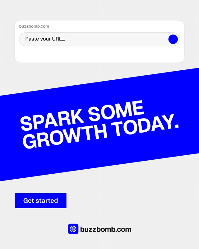 Instagram portrait post for BuzzBomb: "Spark some growth today." Swiss style, diagonal layout, light palette in white, blue.