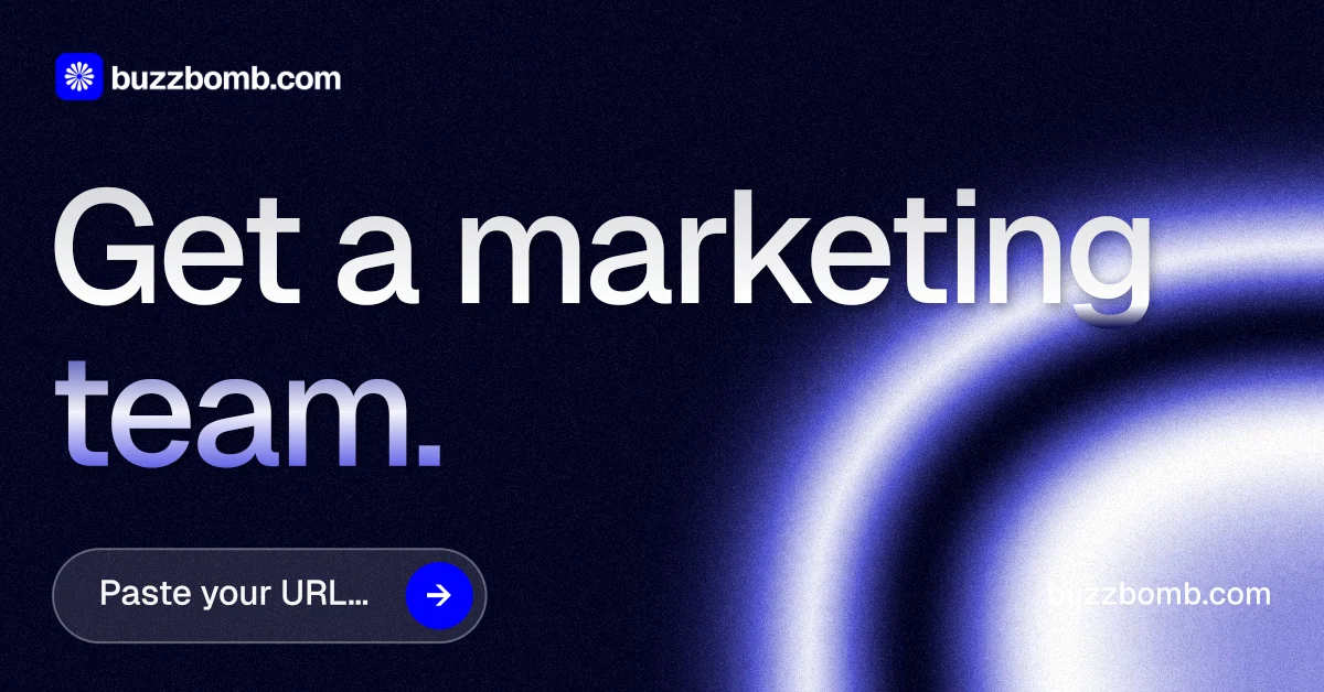 Social ad for BuzzBomb: "Get a marketing team." Agentic glass style, poster layout, dark palette in black, blue.