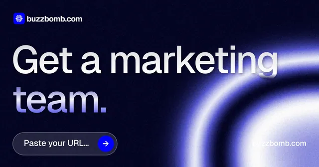 Social ad for BuzzBomb: "Get a marketing team." Agentic glass style, poster layout, dark palette in black, blue.
