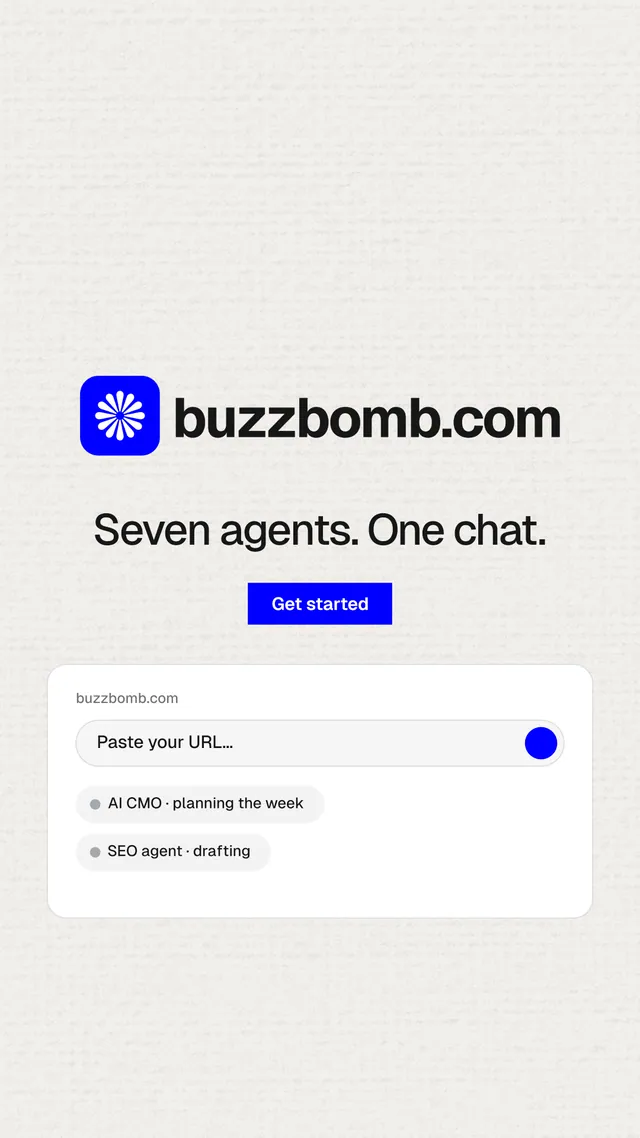 Instagram story for BuzzBomb: "Seven agents. One chat." Swiss style, logo hero layout, light palette in white.