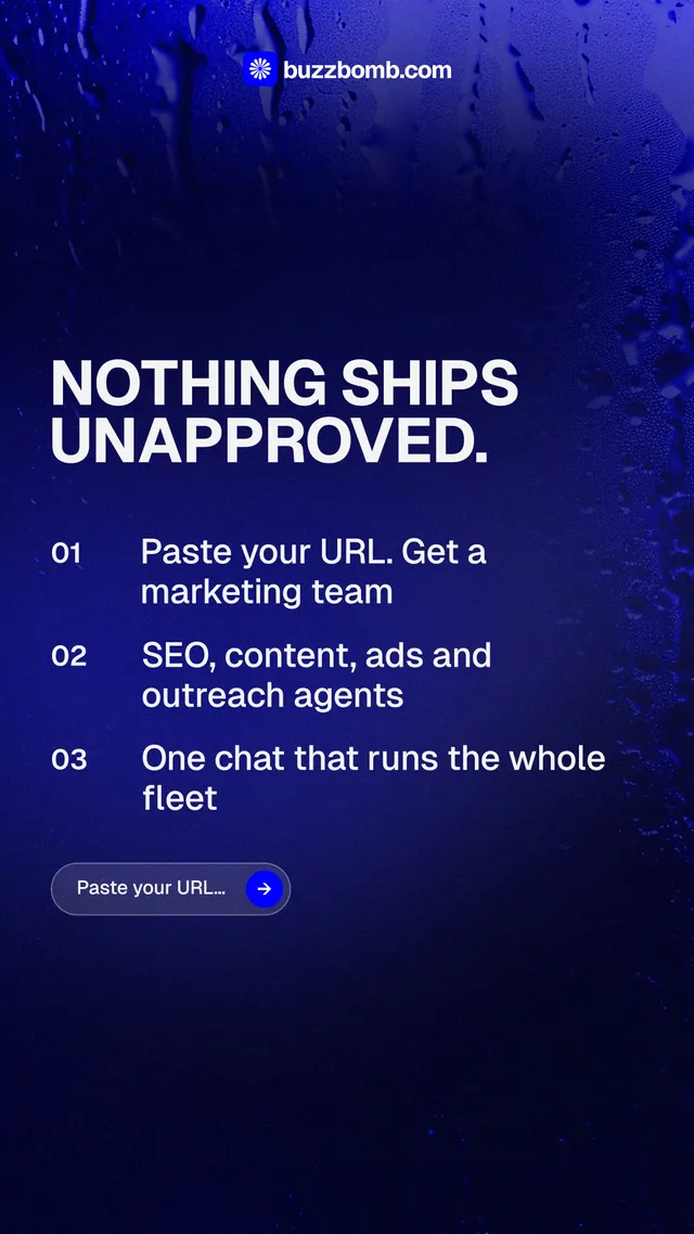 Instagram story for BuzzBomb: "Nothing ships unapproved." Agentic glass style, numbered layout, dark palette in black, blue.