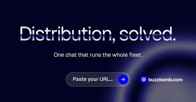 Social ad for BuzzBomb: "Distribution, solved." Agentic glass style, centred layout, dark palette in black, blue.