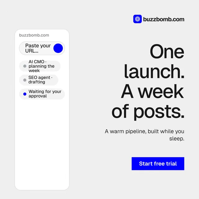 Instagram post for BuzzBomb: "One launch. A week of posts." Swiss style, right layout, light palette in white.