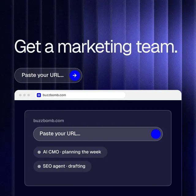 Instagram post for BuzzBomb: "Get a marketing team." Agentic glass style, browser layout, dark palette in blue, black.