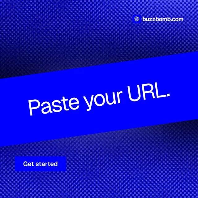 Instagram post for BuzzBomb: "Paste your URL." Swiss style, diagonal layout, dark palette in blue.