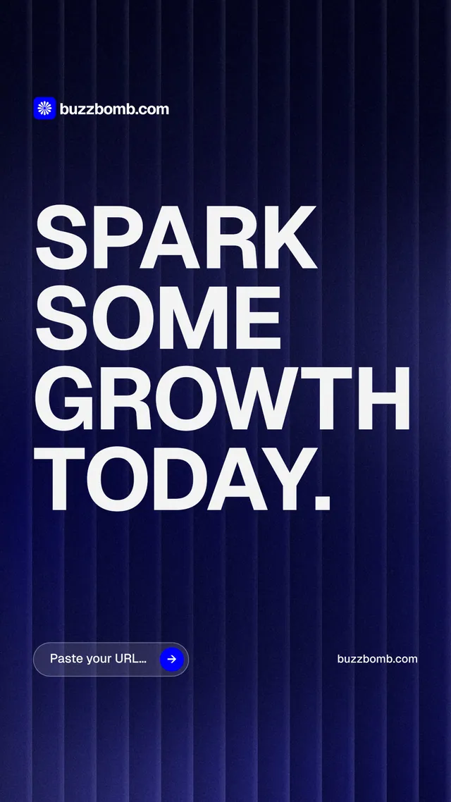 Instagram story for BuzzBomb: "Spark some growth today." Agentic glass style, poster layout, dark palette in blue, black, grey.