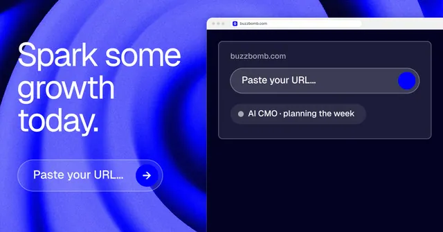 Social ad for BuzzBomb: "Spark some growth today." Agentic glass style, browser layout, dark palette in black, blue.