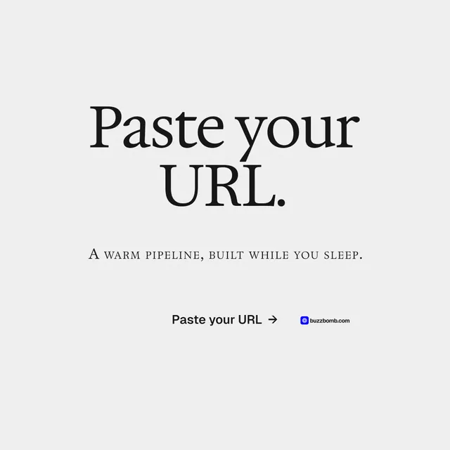 Instagram post for BuzzBomb: "Paste your URL." Editorial style, smallcaps layout, light palette in white, grey.