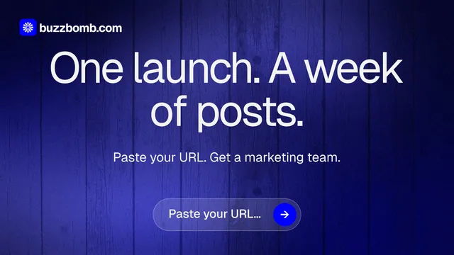 Landscape graphic for BuzzBomb: "One launch. A week of posts." Agentic glass style, centred layout, dark palette in blue.