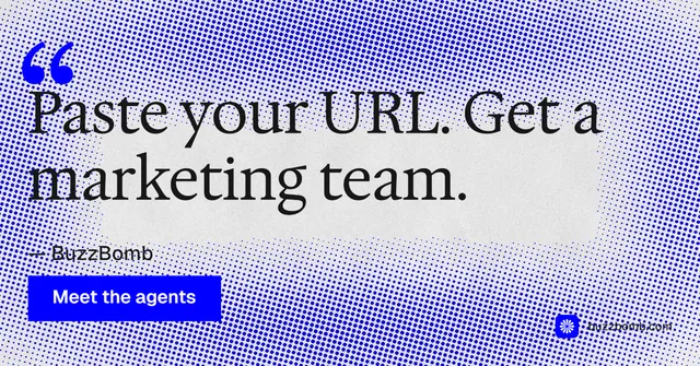 Social ad for BuzzBomb: "Get a marketing team." Swiss style, quote layout, light palette in blue, white.