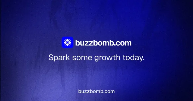 Social ad for BuzzBomb: "Spark some growth today." Swiss style, end card layout, dark palette in blue.