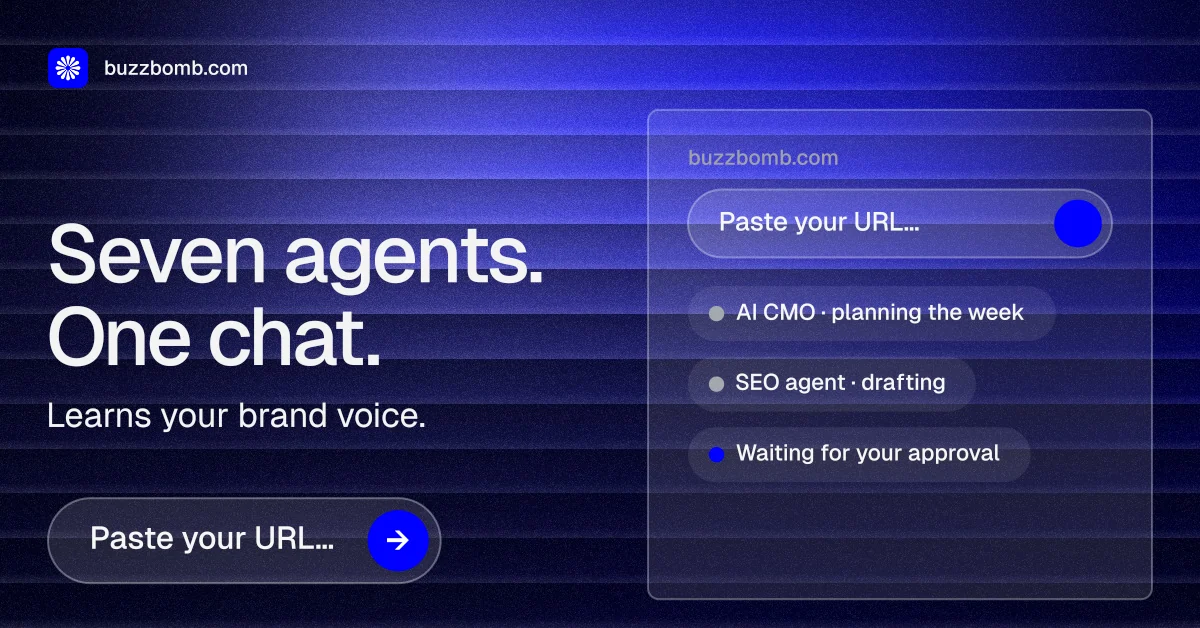 Social ad for BuzzBomb: "Seven agents. One chat." Agentic glass style, bottom layout, dark palette in black, blue.