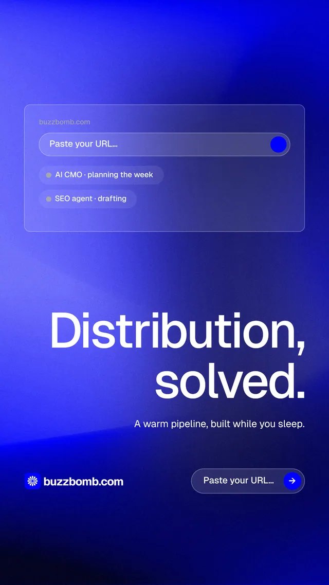 Instagram story for BuzzBomb: "Distribution, solved." Agentic glass style, right layout, dark palette in blue.
