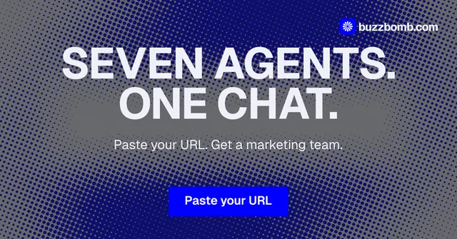 Social ad for BuzzBomb: "Seven agents. One chat." Swiss style, centred layout, dark palette in grey, blue.
