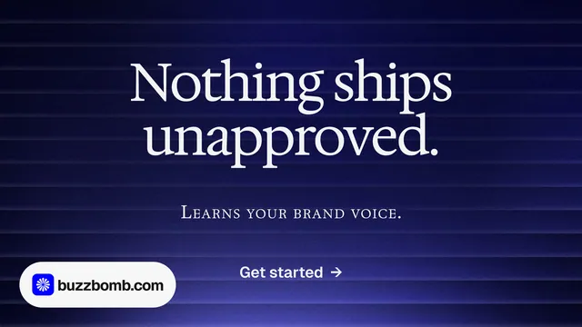 Landscape graphic for BuzzBomb: "Nothing ships unapproved." Agentic glass style, smallcaps layout, dark palette in blue, black, grey.