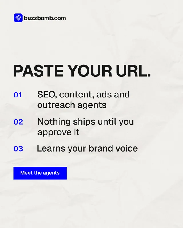 Instagram portrait post for BuzzBomb: "Paste your URL." Swiss style, numbered layout, light palette in white, grey.