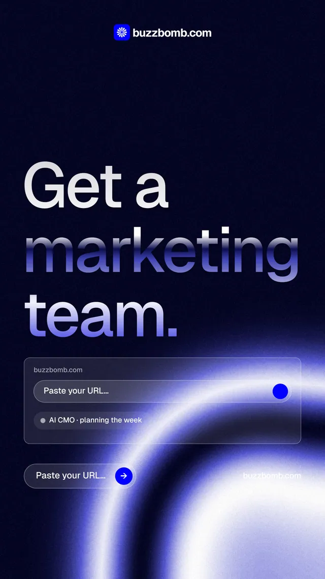 Instagram story for BuzzBomb: "Get a marketing team." Agentic glass style, poster layout, dark palette in black, blue.