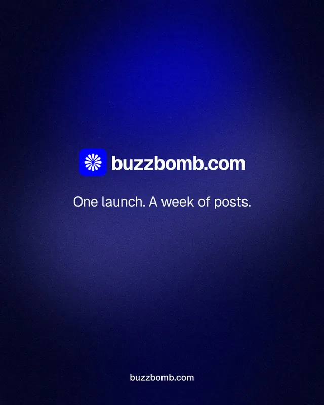 Instagram portrait post for BuzzBomb: "One launch. A week of posts." Swiss style, end card layout, dark palette in black, blue.
