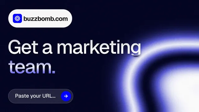 Landscape graphic for BuzzBomb: "Get a marketing team." Agentic glass style, announce layout, dark palette in black, blue.