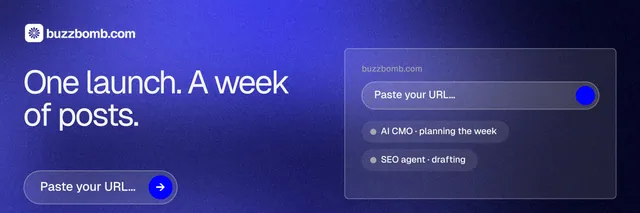 X header for BuzzBomb: "One launch. A week of posts." Agentic glass style, bottom layout, dark palette in blue.