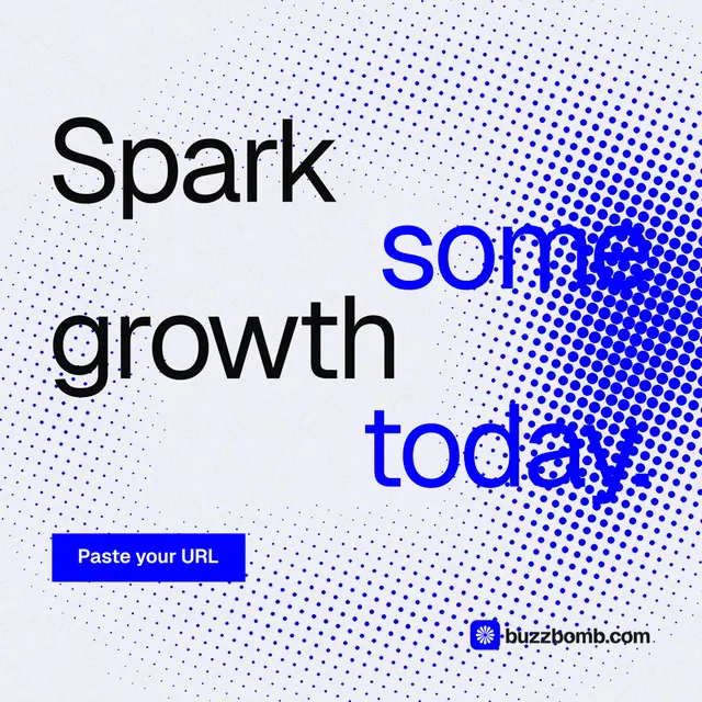 Instagram post for BuzzBomb: "Spark some growth today." Swiss style, stacked layout, light palette in white, blue.