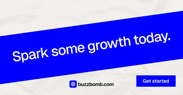 Social ad for BuzzBomb: "Spark some growth today." Swiss style, diagonal layout, light palette in blue, white.