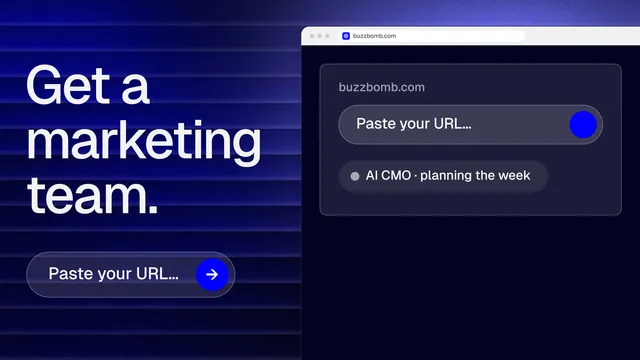 Landscape graphic for BuzzBomb: "Get a marketing team." Agentic glass style, browser layout, dark palette in black, blue.