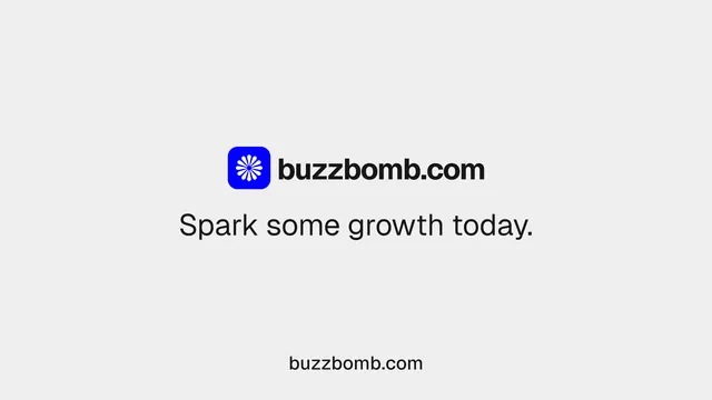 Landscape graphic for BuzzBomb: "Spark some growth today." Swiss style, end card layout, light palette in white.