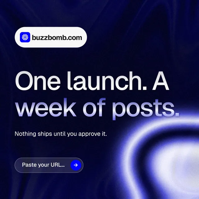 Instagram post for BuzzBomb: "One launch. A week of posts." Agentic glass style, announce layout, dark palette in black, blue.