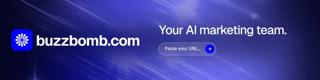 LinkedIn banner for BuzzBomb: "Your AI marketing team." Agentic glass style, logo hero layout, dark palette in blue.