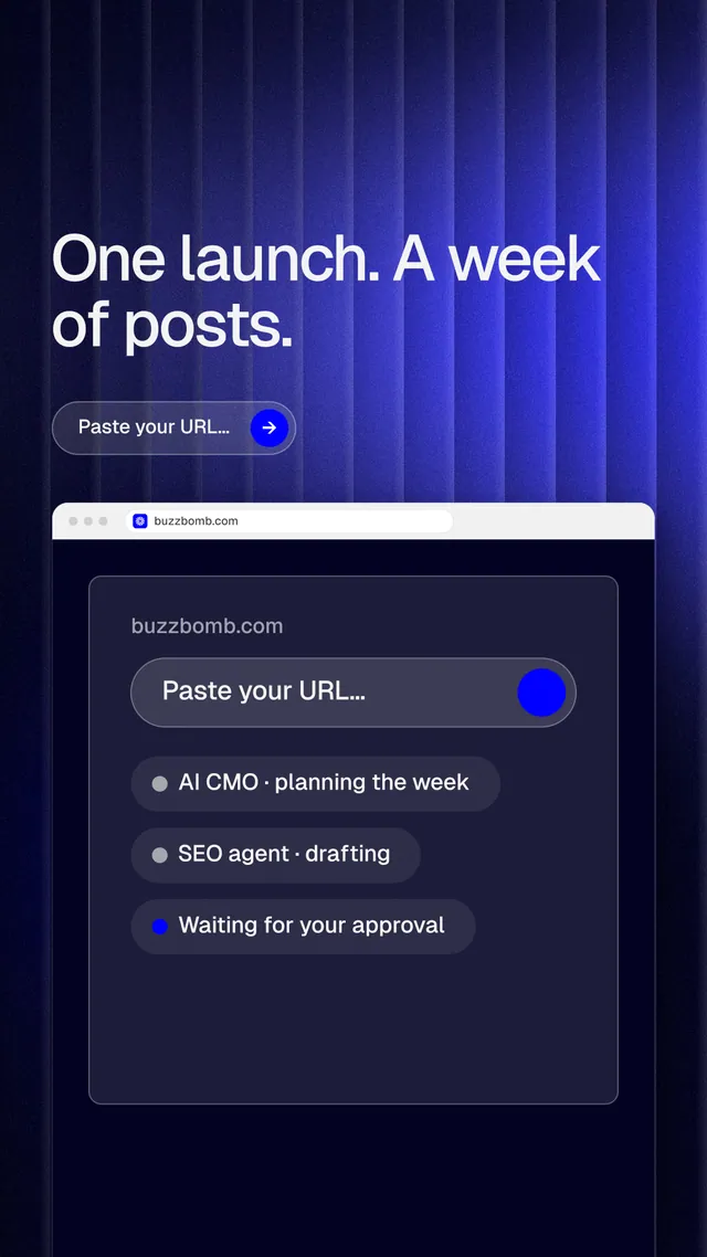 Instagram story for BuzzBomb: "One launch. A week of posts." Agentic glass style, browser layout, dark palette in blue, black.