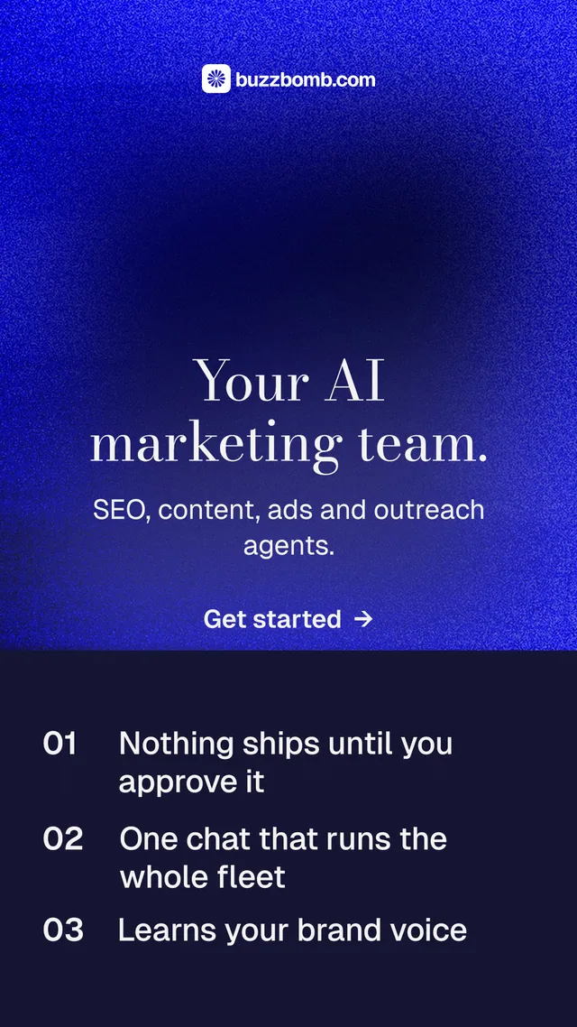 Instagram story for BuzzBomb: "Your AI marketing team." Minimal luxury style, skeleton layout, dark palette in blue.