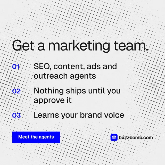 Instagram post for BuzzBomb: "Get a marketing team." Swiss style, numbered layout, light palette in white, grey.